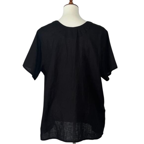 Flax Lagenlook Short Sleeve Split Neck 100% Linen Top Black Size Medium - Picture 3 of 5